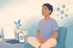 An illustration of a person meditating at a desk with a laptop, phone, and a to-do list.