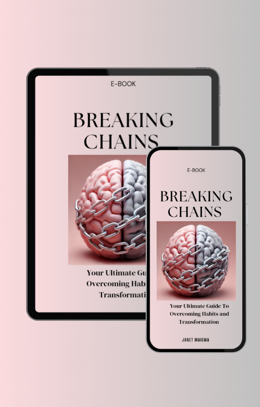 The cover of an e-book titled "Breaking Chains" is shown on a tablet and a smartphone. The cover art depicts a human brain with a chain wrapped around it.