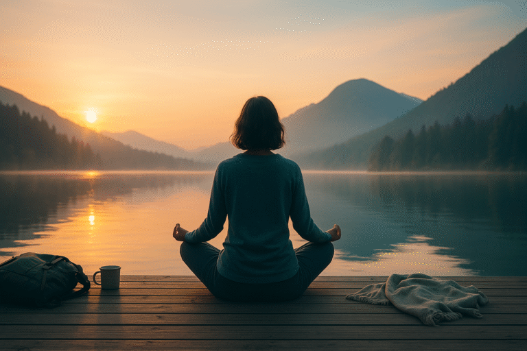 A person meditates on a dock, facing a lake and mountains at sunrise.