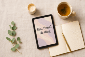 Flat lay of a tablet showing an "Emotional Healing" e-book cover, a journal, and self-care items.