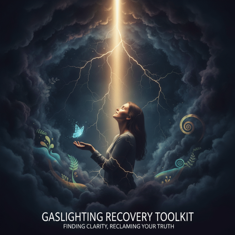 A woman stands in a beam of light from the sky, holding a glowing butterfly, symbolizing clarity and recovery from gaslighting. The text "GASLIGHTING RECOVERY TOOLKIT" is at the bottom.