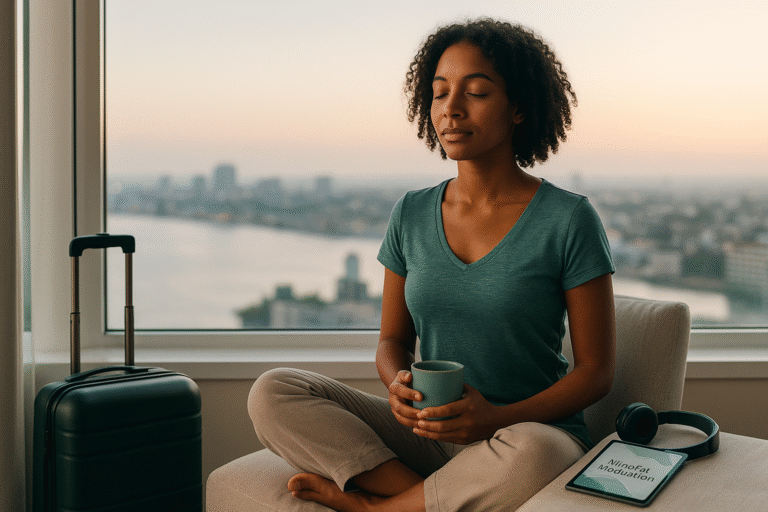 Mindful Meditation Mantra: A Traveler meditating in a hotel room with a suitcase and tablet nearby.