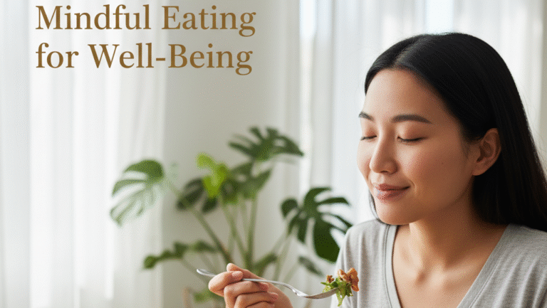 Mindful Eating for Well-Being: A woman with her eyes closed, eating a healthy salad and practicing mindful eating. The text "Mindful Eating for Well-Being" is on the image.