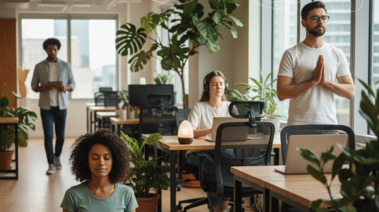 A group of people practicing mindfulness and meditation in a modern office with large plants and windows.