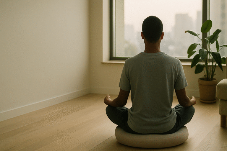 Mindfulness vs Meditation: A person meditating on a cushion in a minimalist room, facing a window with a city view.