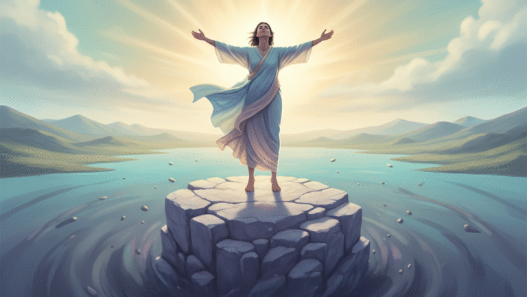 An artistic image of a person standing on a rock in a lake with their arms raised, facing the sun. The text "OVERTHROWING ANXIETY" is at the top.