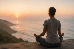 Reducing Stress with Meditation and Mindfulness: A Woman in meditation pose on a wooden platform overlooking the sea at dusk.