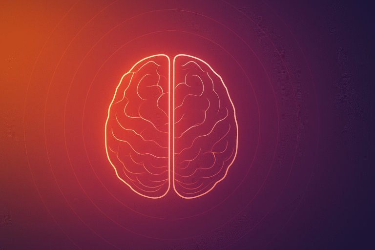 The Science of Meditation: An artistic representation of a glowing brain with an orange and purple background.