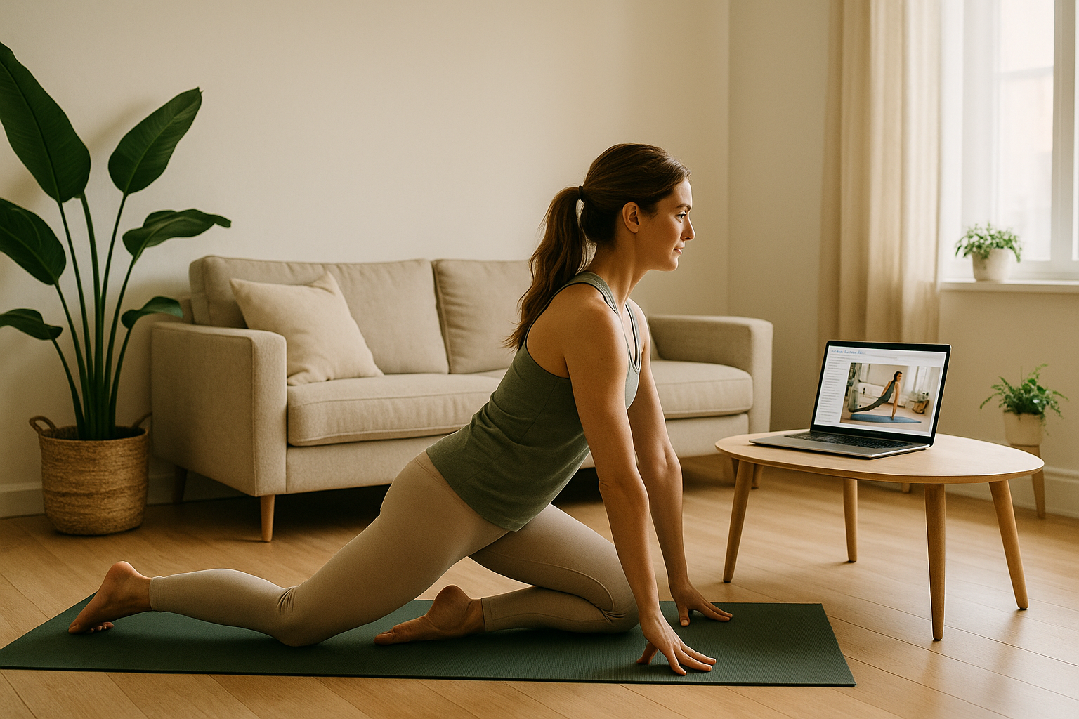 Unlock Your Body: A woman in a yoga pose on a mat in her living room, following a video on her laptop.