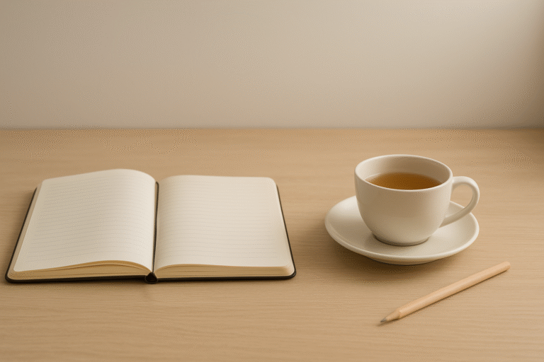 A blank, open notebook next to a cup of tea and a pencil on a wooden desk.
